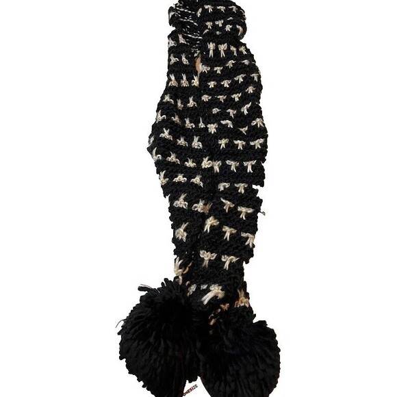 NWT Old Navy Scarf Black Wool Blend Cream Bows Pom Poms Winter Boho Cozy Wrap - Picture 2 of 4